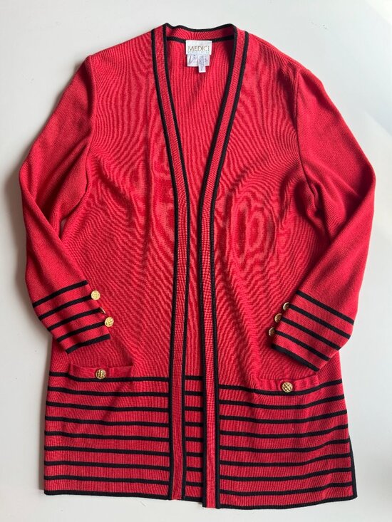 Vintage 00's MEDICI by Gill Harvey Red Acrylic Wool Knit Long Cardigan, Size 14 - Picture 5 of 13